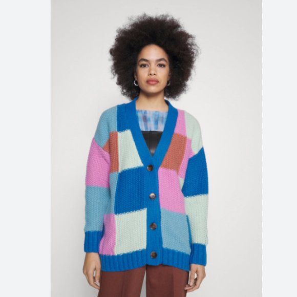 Cotton On Splice Colorful Square Patchwork V Neck Oversize Chunky Knit Cardigan - Picture 2 of 8